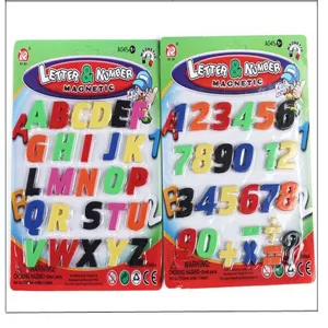 Close-up of magnetic letters and numbers toy set with colorful educational math symbols.