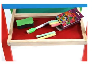 Children wooden easel board accessory set featuring colorful chalks, eraser and chalk box.