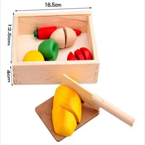 Wooden cutting fruit and vegetables toy set with storage box, ideal for kids early learning.