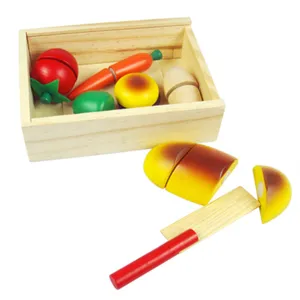 Wooden kitchen cutting toy set for kids, early educational wooden fruit and vegetable play.