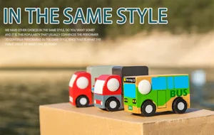 Wooden toy cars set for kids, mini vehicle models with bus and truck design, cute style.