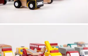 Children wooden engineering car model toy set, mini vehicles collection for boys play.