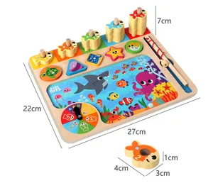 Wooden educational toy multi-function magnetic fishing game counting board for kids toddlers.
