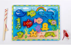 Wooden magnetic fishing toy set, detailed view of marine animal puzzle pieces and rod.