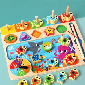 Wooden Magnetic Fishing Logarithm Board Kids Early Educational Montessori Toy Shape Matching Puzzle Set For Toddlers