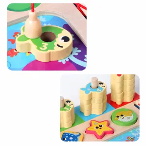 Wooden early education magnetic fishing toy set, toddler color and shape matching blocks.