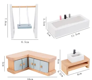 Ensemble de meubles miniatures de maison de poupée en bois avec détails et dimensions.