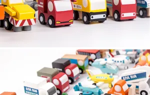 Wooden toy cars and airplane models set for kids, mini vehicle collection for boys play.