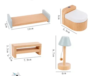 Ensemble de meubles miniatures pour maison de poupée en bois, style lit banc lampe jouet.