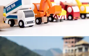 Detailed view of colorful wooden toy cars and engineering vehicles set, perfect for boys and kids.