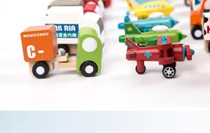 Wooden toy vehicles and airplane models set, colorful mini cars and cute aircraft for kids.