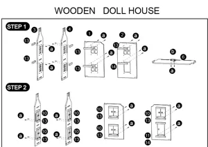 Schéma d'assemblage de maison de poupée en bois avec guide étape par étape et pièces détaillées.