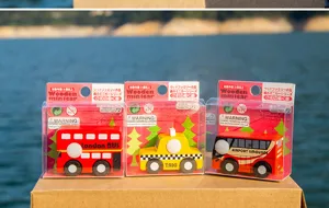 Children wooden minicar toy set featuring three cute vehicles in transparent packaging for kids.