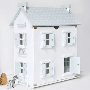 Maison de poupée en bois nordique avec murs blancs et toit bleu pour enfants vue principale