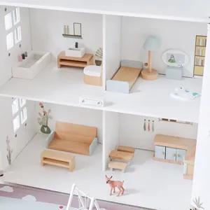 Maison de poupée en bois de style nordique pour enfants, avec meubles miniatures et accessoires.
