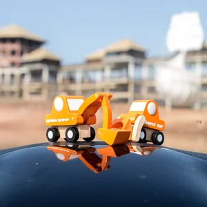 Wooden toy construction vehicles set, mini excavator and shovel car for kids, cute desktop play.