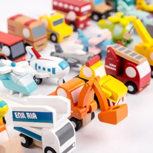 Children wooden engineering car airplane model toy set miniature vehicles 12-piece combination