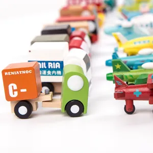 Wooden toy vehicle and airplane model set, colorful mini cars and planes for kids boys play.