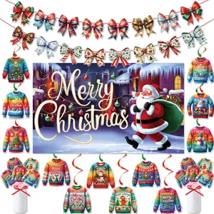 Merry Christmas Ugly Sweater Party Decoration Collection Banner Spiral Hanging Swirls Vase Inserts Backdrop Atmosphere Kit