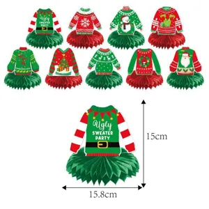 Christmas ugly sweater party decoration set, paper honeycomb centerpieces for holiday table.