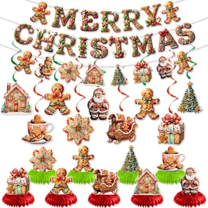 Gingerbread Man Christmas Party Decoration Set Paper Merry Christmas Banner Hanging Swirls Honeycomb Ornament Home Decor