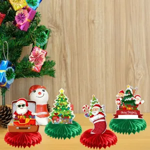 Weihnachten Wabenpapier Tischdekoration Set mit niedlichen Weihnachtsmann und Tannenbaum Motiven.