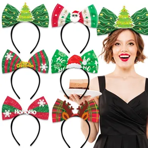 Christmas Large Bow Headband Polyester Festive Party Hair Hoop Photo Props Christmas Tree Antlers Headpiece For Adults Kids Party Decoration