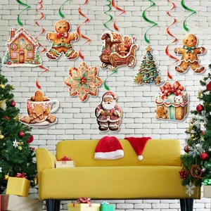 Christmas gingerbread man party decoration set, hanging paper ornaments for holiday decor.