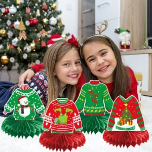 Christmas ugly sweater party decoration set, paper honeycomb centerpieces for holiday table.