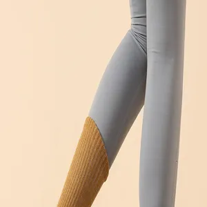 Damen Yogasocken lang gerippt sportlich Pilates Leggings Kombination grau gelb Fitness Ausrüstung