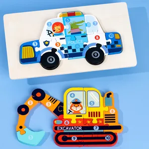 Wooden 3D jigsaw puzzle set for kids, educational traffic car and excavator toys with numbers.