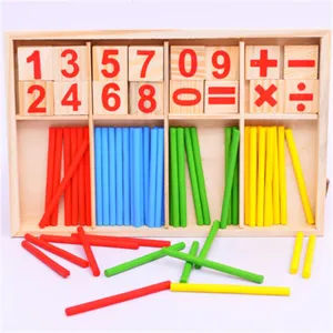 Wooden math counting sticks toy detail view, educational Montessori numbers display.