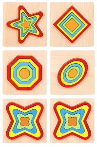 Wooden shape puzzle toy detail showing multi-layered nested geometric shapes and colors.
