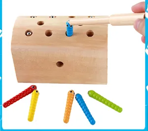 Wooden magnetic catching worm toy for kids, montessori educational game with colorful bugs.