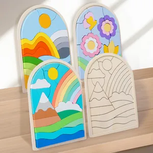 Wooden arch puzzle board for kids, colorful rainbow and flower stacking early educational toys.