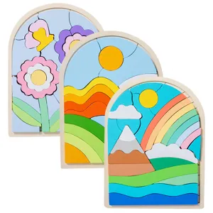 Wooden arched puzzle boards set featuring rainbow, nature and floral designs for kids early learning.