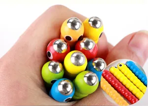 Wooden magnetic catching worm toy detail, colorful worm parts with metal heads for kids.