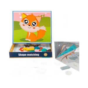 Kids wooden shape matching puzzle toy box with cute cartoon fox lid and colorful pieces.