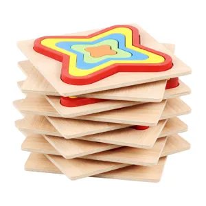 Wooden shape sorting puzzle toy for kids, colorful stacking geometric blocks for early learning.