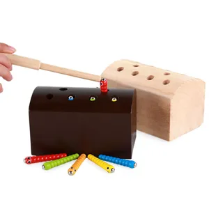 Montessori wooden magnetic worm catching game toy for kids color matching early educational tool