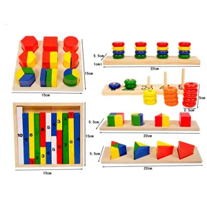 Montessori wooden educational toy set with shape sorter, counting rods and stacking rings.