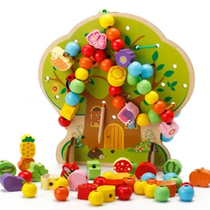 Kids Educational Wooden Fruit Tree Lacing Beads Toy Early Learning Montessori Fine Motor Skill Training Bead Game Gift