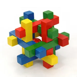 Colorful wooden interlocking puzzle Lu Ban lock brain teaser toy for kids and adults details.