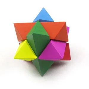 Colorful wooden interlocking star puzzle brain teaser toy for kids and adults logic game.
