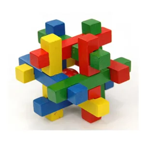Colorful wooden interlocking puzzle brain teaser toy, 3D educational game for kids and adults.