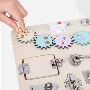 Wooden Montessori busy board for toddlers, educational sensory toy with locks and gears.