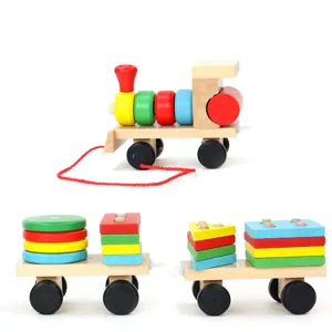 Wooden pull-along shape sorting train toy for toddlers, colorful geometric blocks for early.