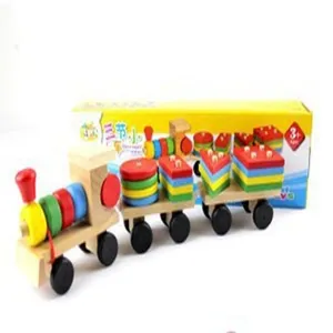 Wooden pull-along shape sorting train educational geometric stacking blocks toy for kids