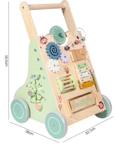 Detailed view of wooden baby walker activity center with interactive gears, clock, and xylophone.