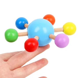 Colorful wooden spinning top toy, creative molecular multi-ball design for kids decompression.